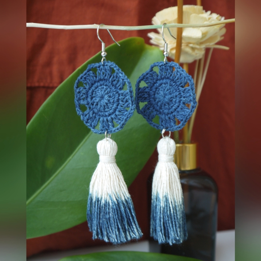 Handmade Indigo Boho Cotton Crochet Earrings